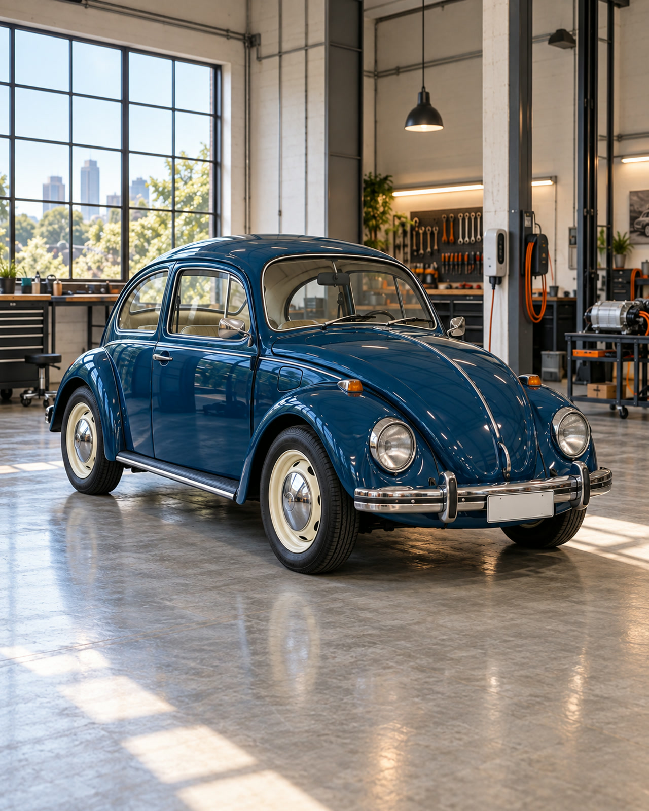Fusca 1972 azul-petróleo visto em três quartos dentro de uma oficina clara, com um carregador de parede ao fundo