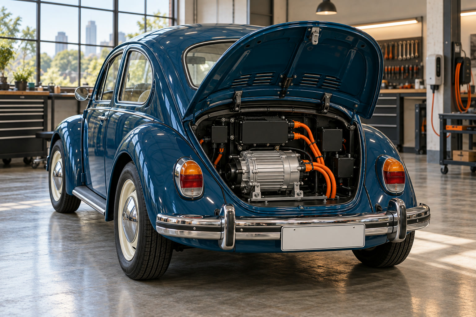 Tampa traseira do Fusca aberta, mostrando o motor elétrico compacto e os cabos laranja de alta tensão no lugar do motor a gasolina