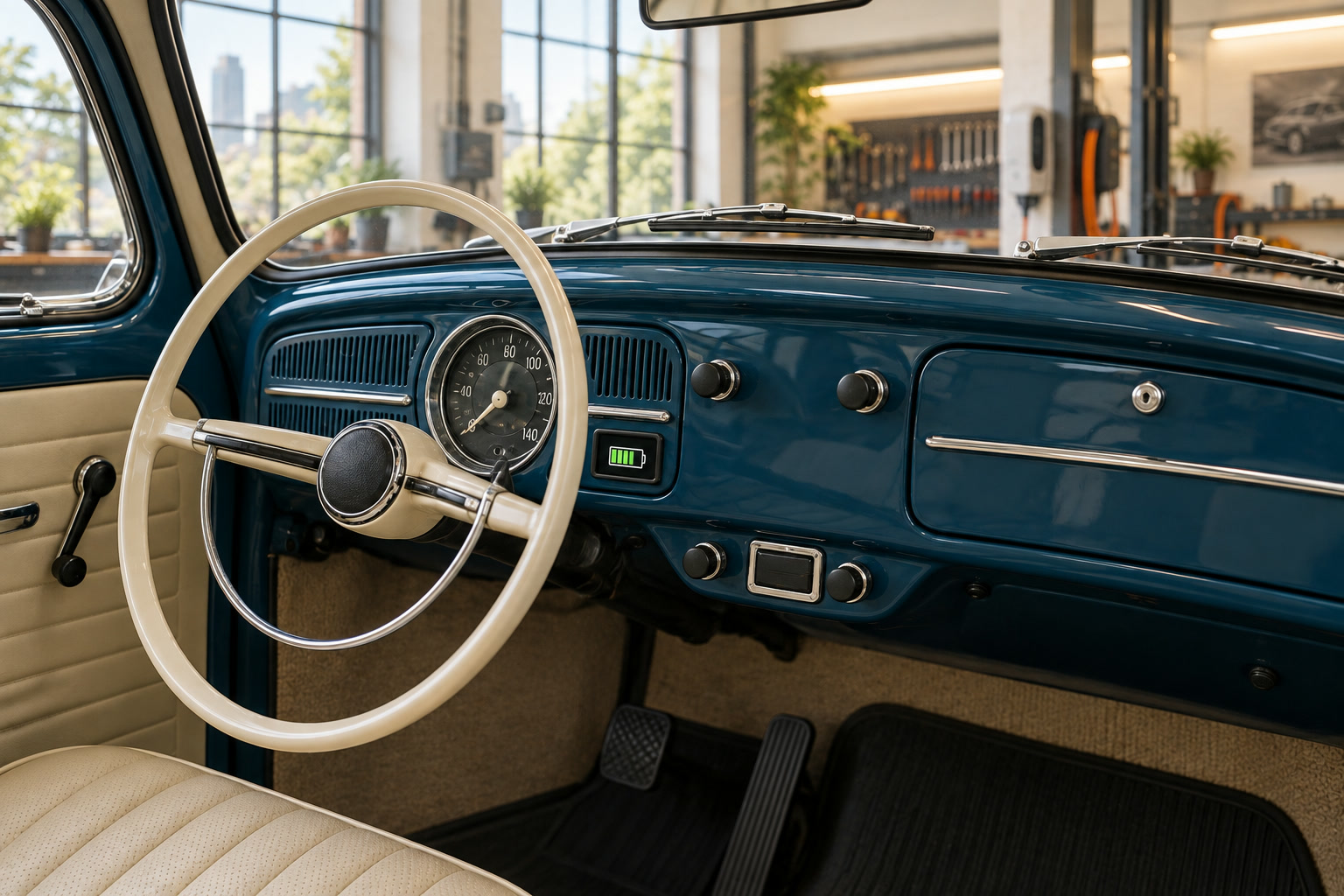 Painel de época do Fusca, com volante marfim e um indicador discreto de carga ao lado do velocímetro