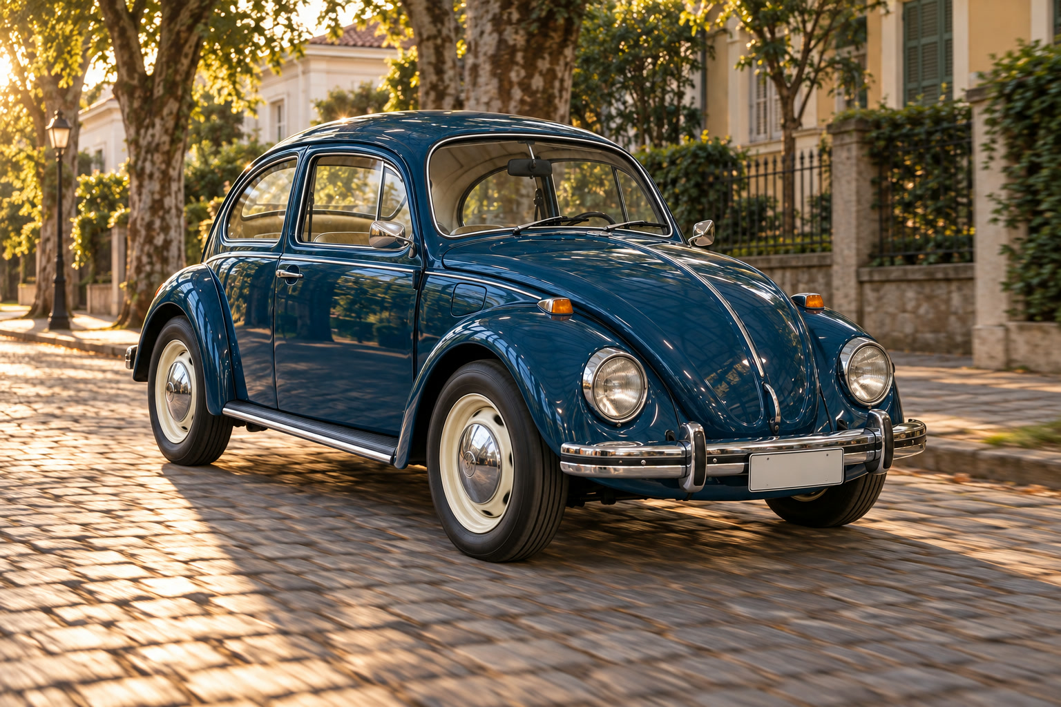 O Fusca azul-petróleo numa rua de paralelepípedo arborizada, ao fim da tarde